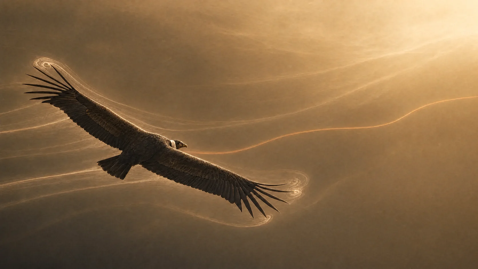 An Andean condor glides through warm open air, seen from behind
