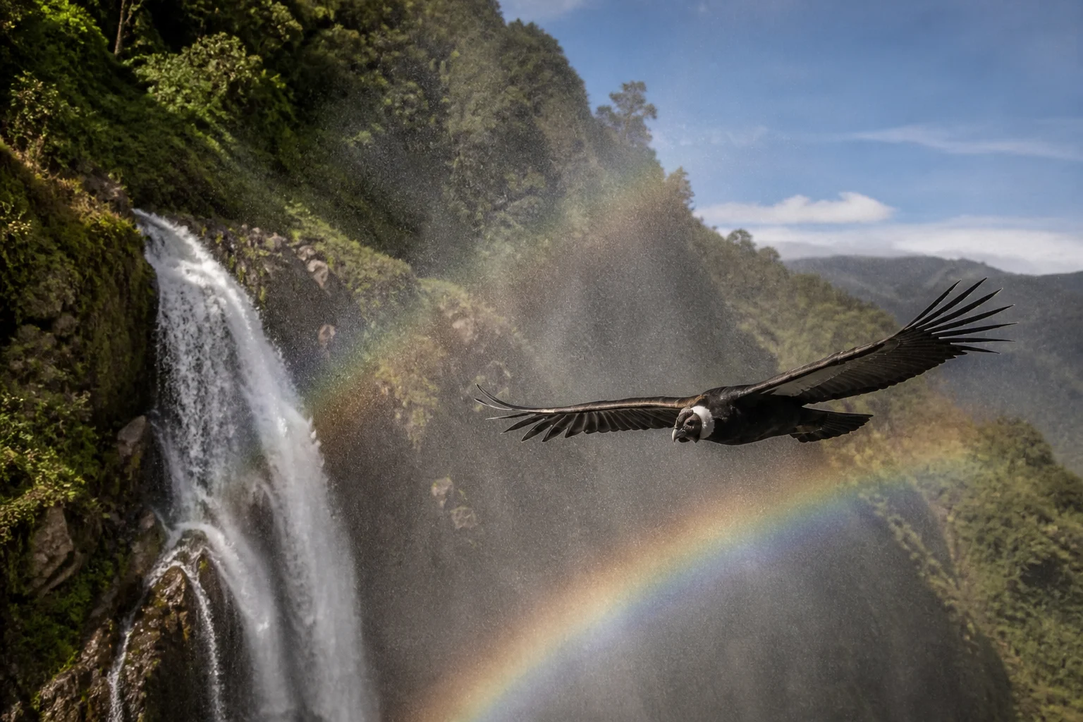 An Andean condor glides above green mountains, waterfalls and a rainbow in the mist