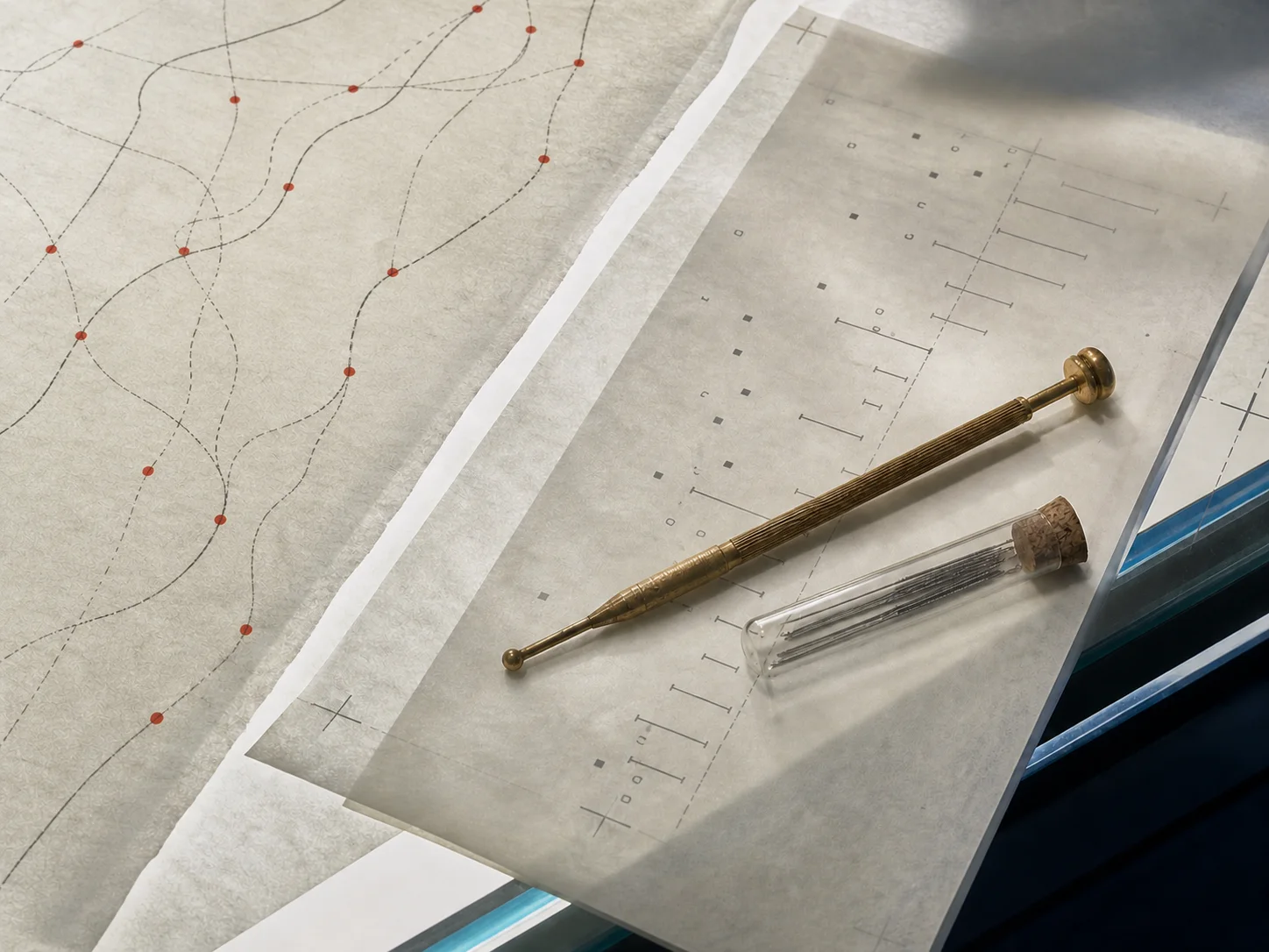 An acupressure probe and acupuncture needles rest over an abstract point map and research grid